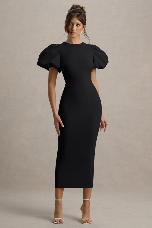 Dakota | Black Puff Sleeve Midi Dress With Back Split