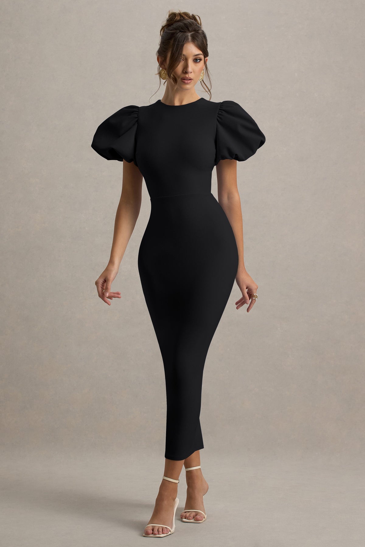 Dakota | Black Puff Sleeve Midi Dress With Back Split