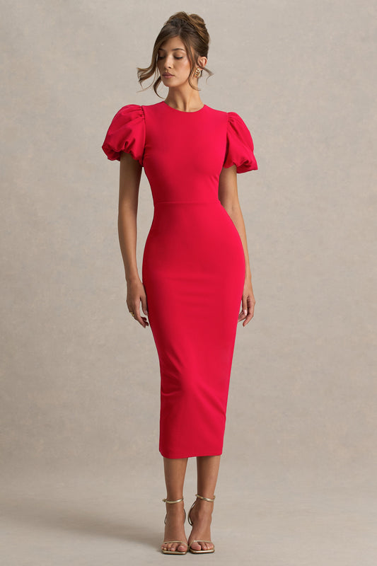 Dakota | Red Puff Sleeve Midi Dress With Back Split