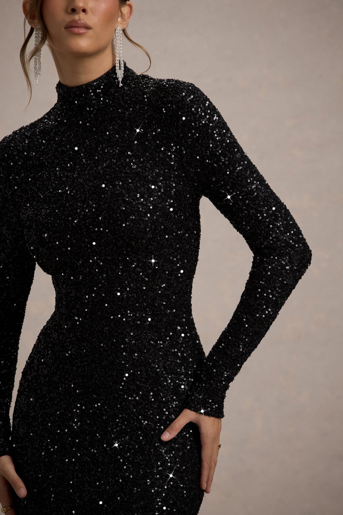 Galaxy | Black Sequin High Neck Long Sleeve Maxi Dress