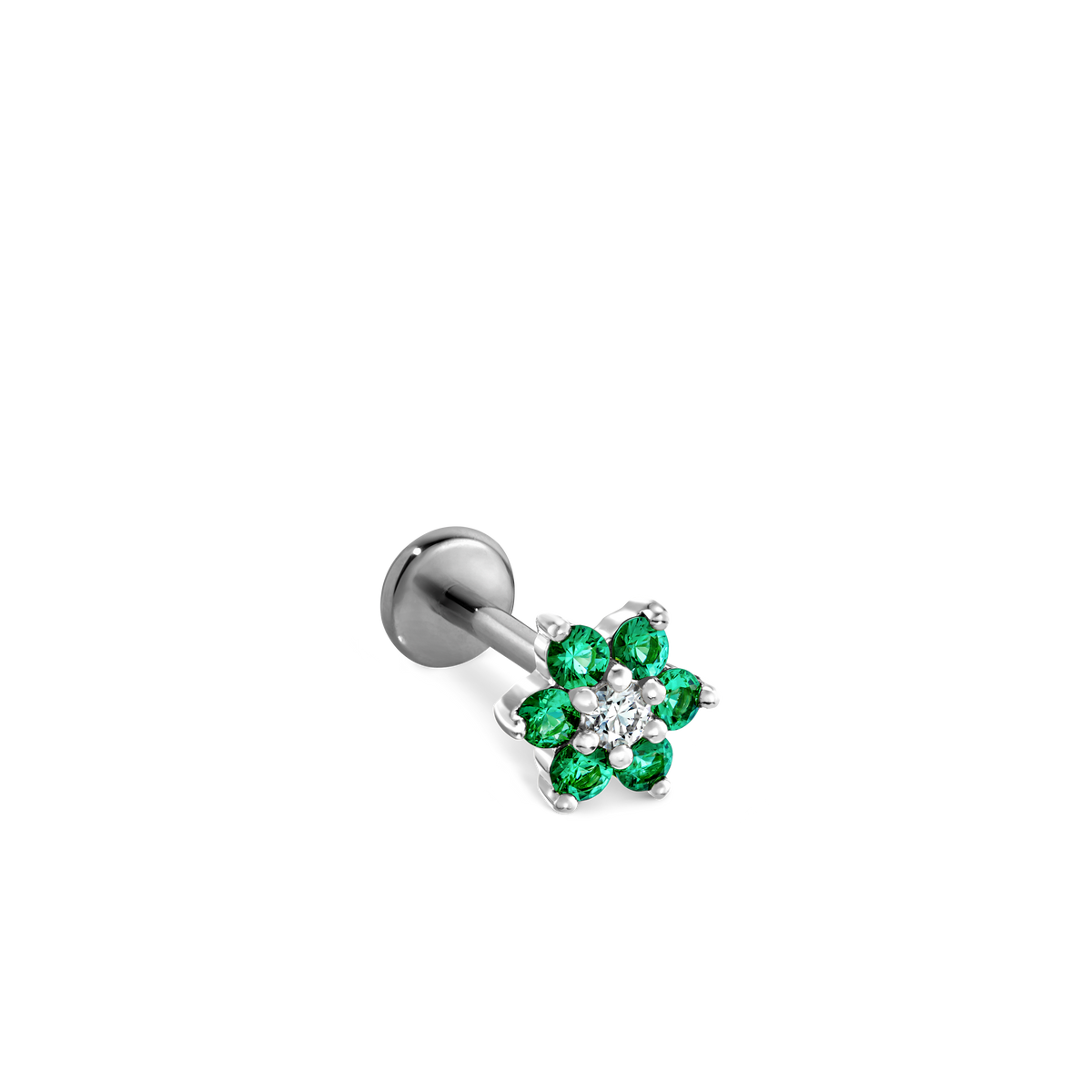 Emerald and Diamond Flower Threaded Stud Earring With Titanium Backing