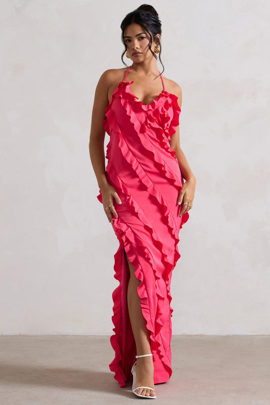 Full On | Hot Pink V-Neck Ruffle Maxi Dress