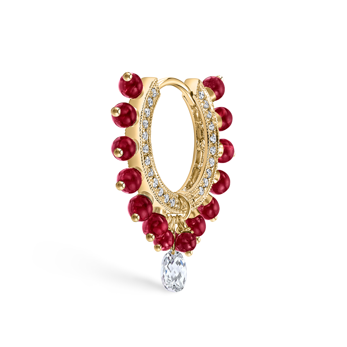 Pavé Diamond Ruby Coronet with Diamond Briolette Hoop Earring