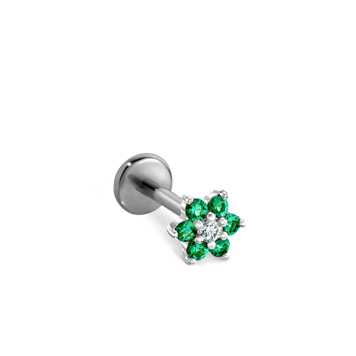 Emerald and Diamond Flower Threaded Stud Earring With Titanium Backing