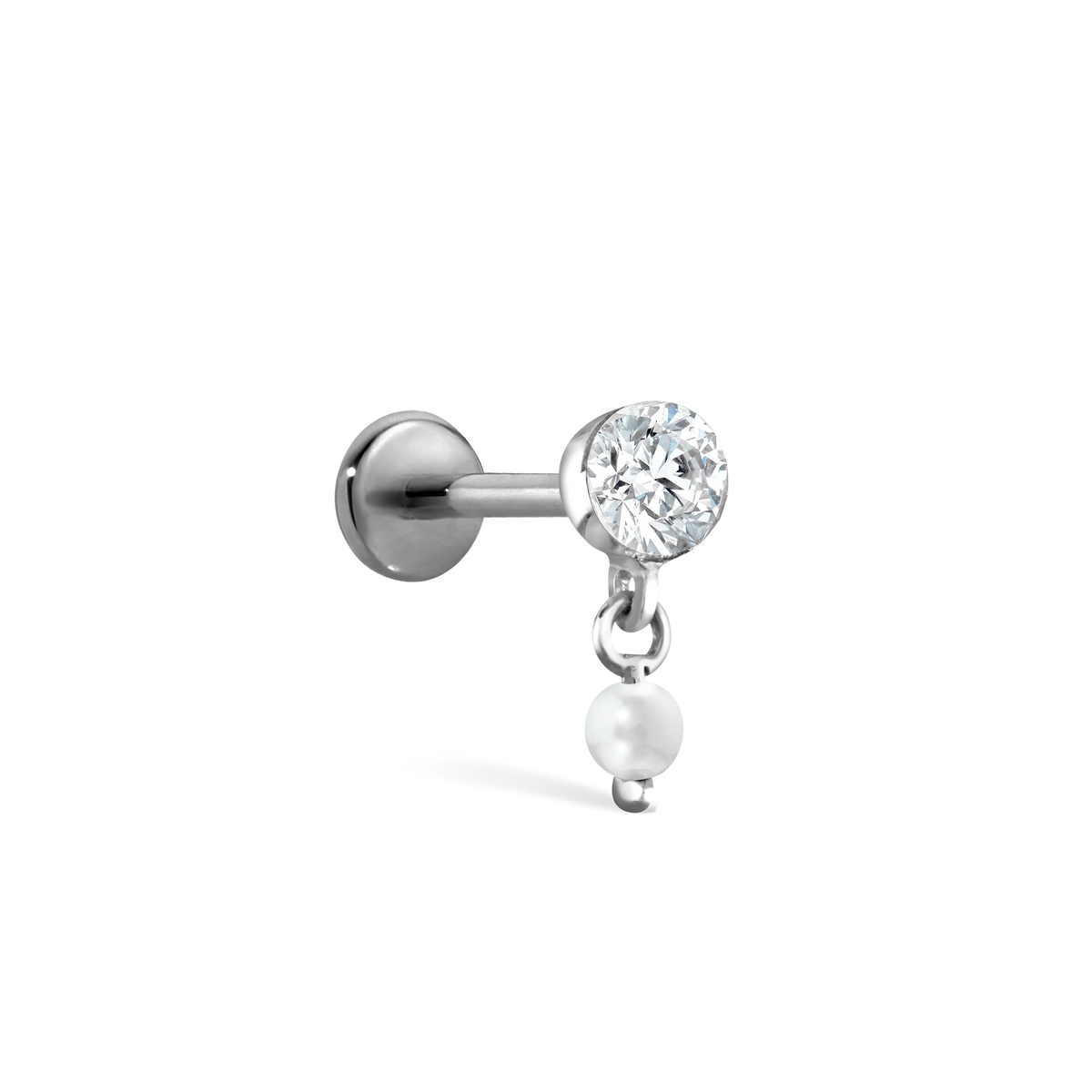 Invisible Set Diamond and Pearl Dangle Threaded Stud Earring With Titanium Backing