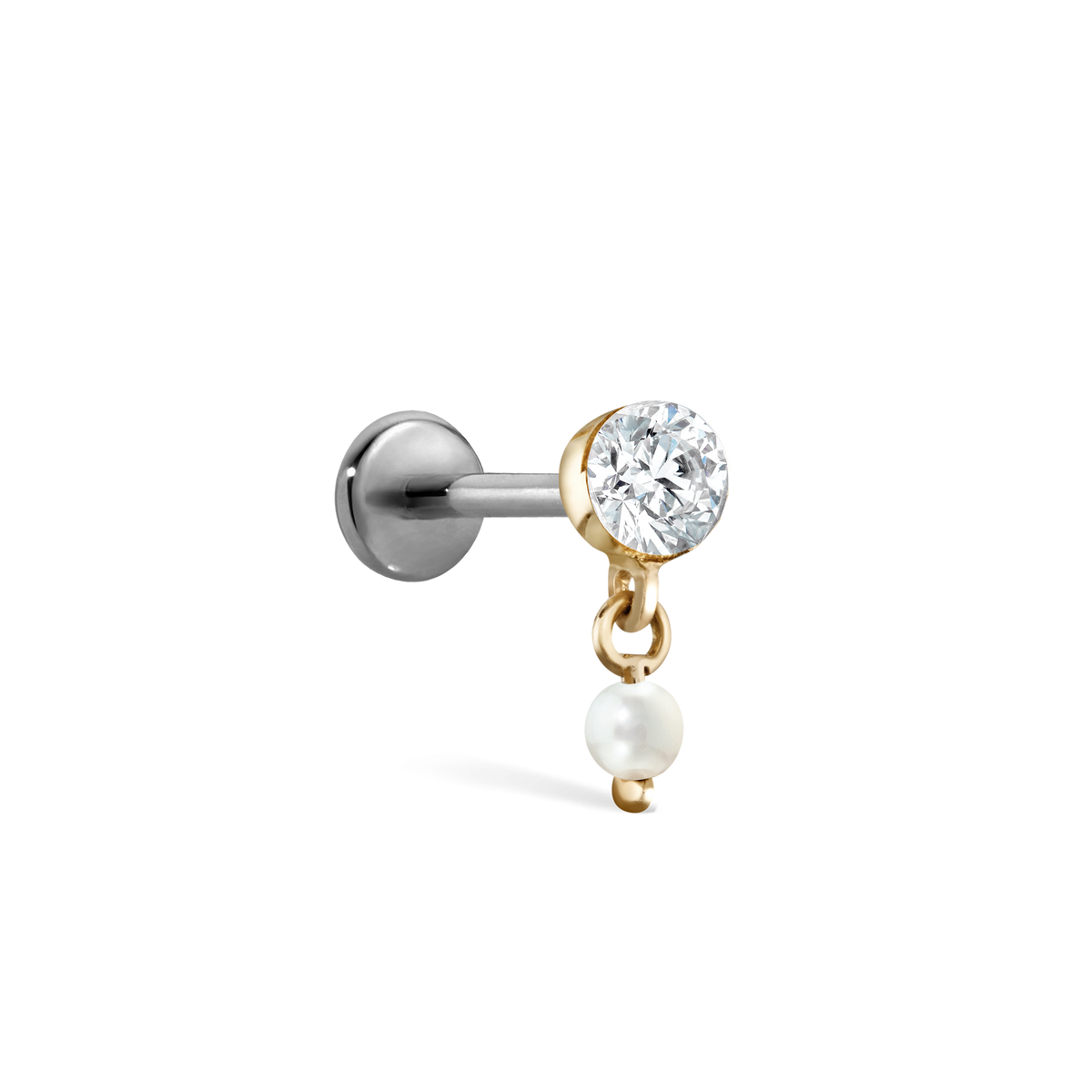 Invisible Set Diamond and Pearl Dangle Threaded Stud Earring With Titanium Backing