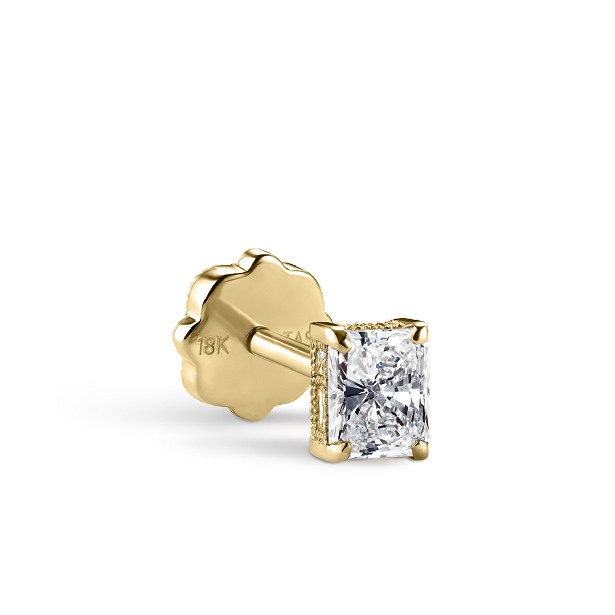 Engraved Radiant Diamond Threaded Stud Earring
