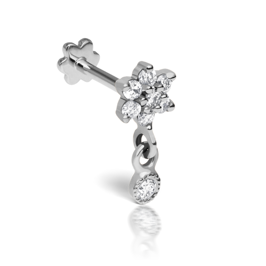 Diamond Flower with Dangle Threaded Stud Earring With Titanium Backing