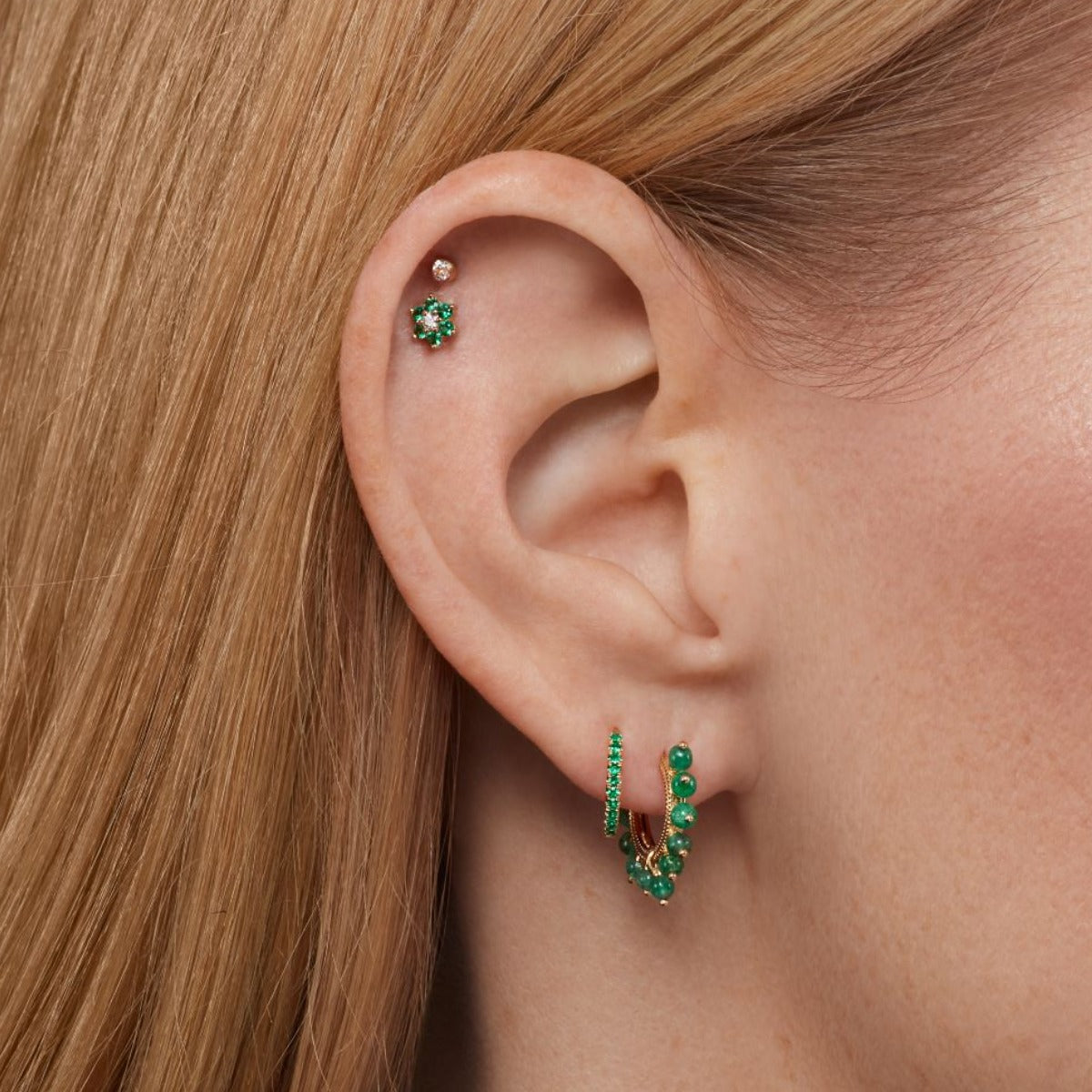 Emerald and Diamond Flower Threaded Stud Earring With Titanium Backing