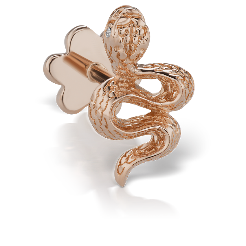 Engraved Snake with Diamond Eyes Threaded Stud Earring With Titanium Backing