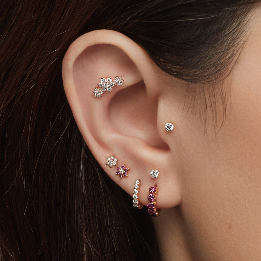 Three Flower Garland Diamond Threaded Stud Earring