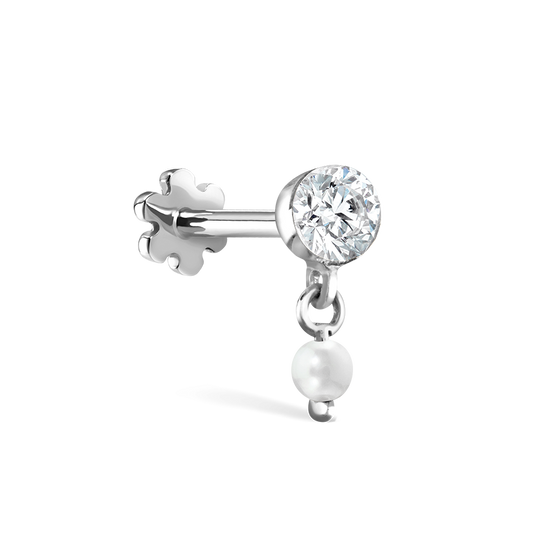 Invisible Set Diamond and Pearl Dangle Threaded Stud Earring With Titanium Backing