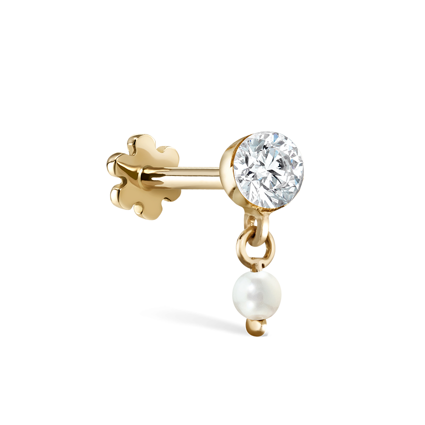Invisible Set Diamond and Pearl Dangle Threaded Stud Earring With Titanium Backing