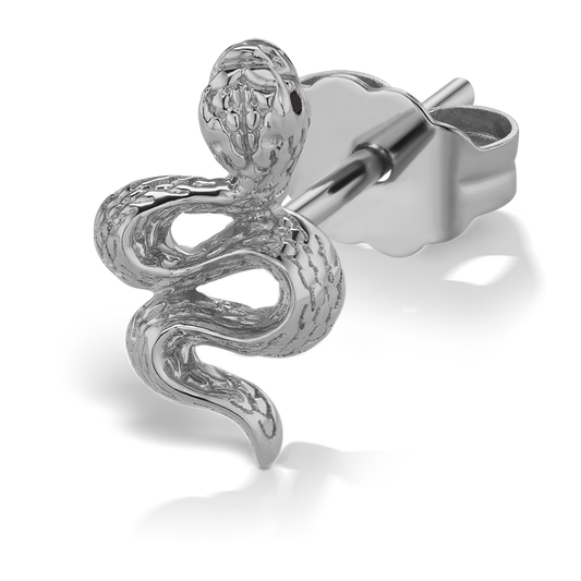 Large Engraved Snake with Black Diamond Eyes Stud Earring