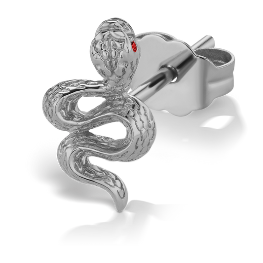 Large Engraved Snake with Ruby Eyes Stud Earring