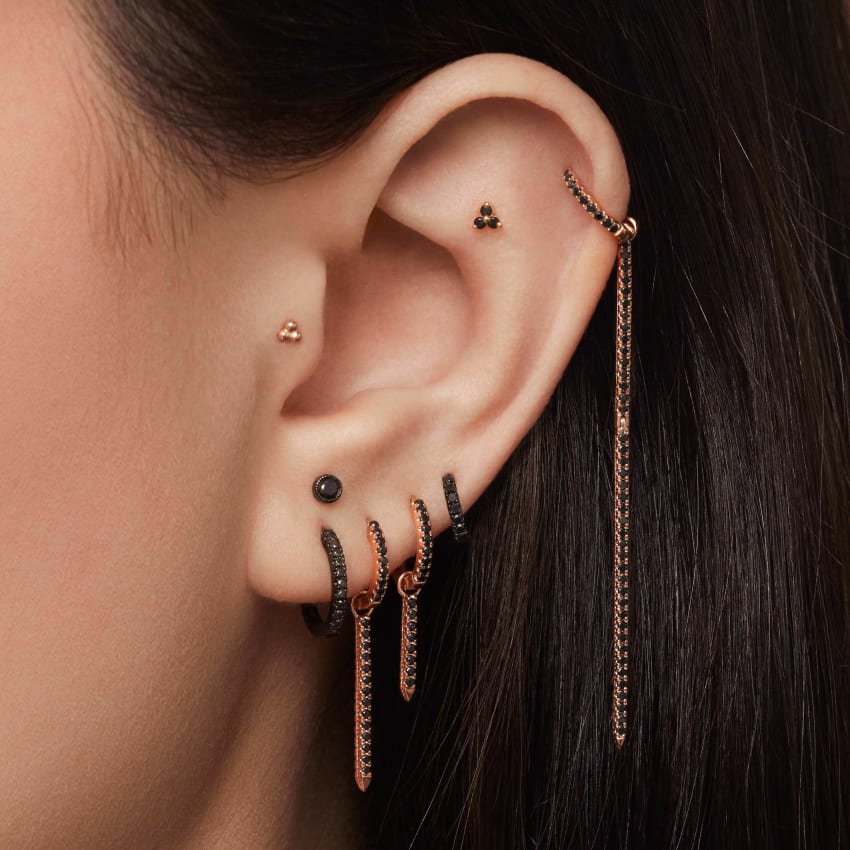 Scalloped Set Black Diamond Threaded Stud Earring