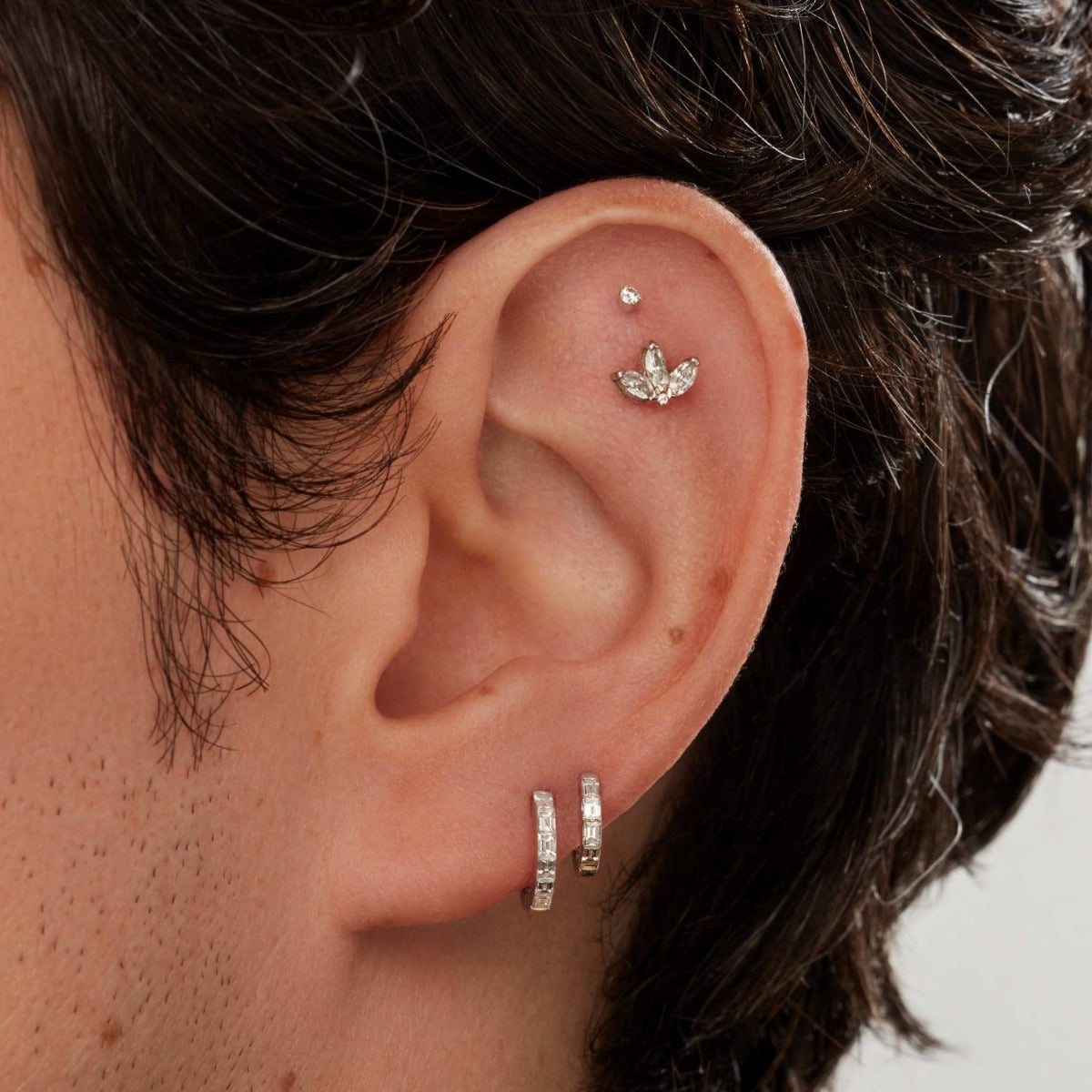 Diamond Engraved Lotus Threaded Stud Earring With Titanium Backing