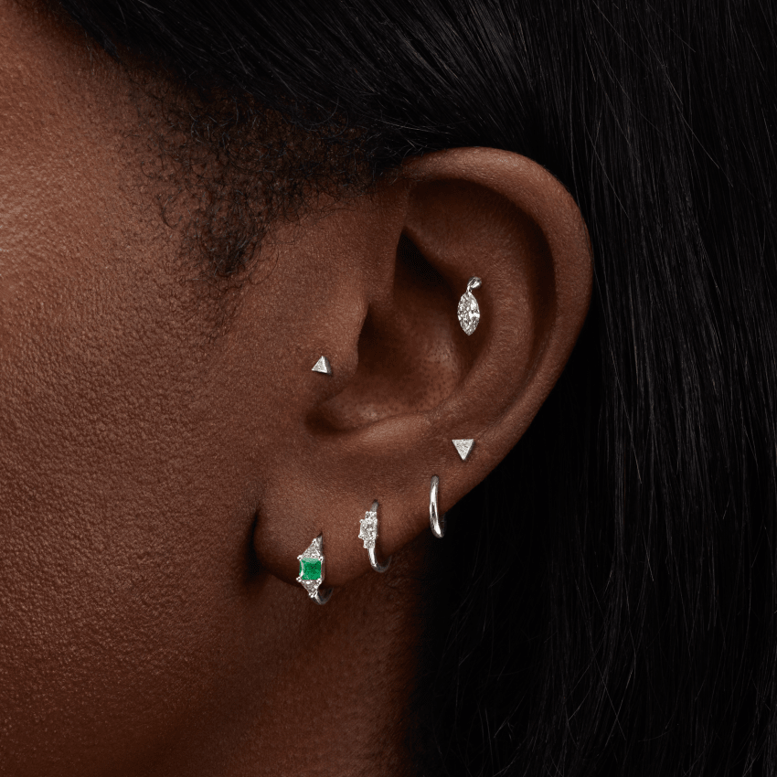 3mm Emerald and Diamond Princess Triangle Hoop (Non-Rotating)