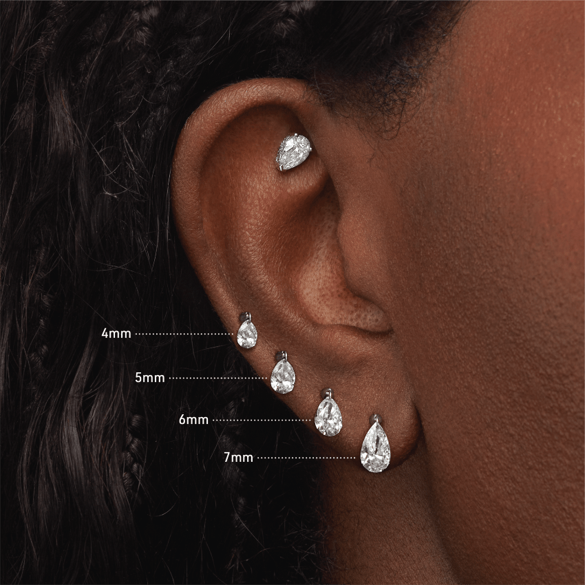 Floating Pear Diamond Charm Threaded Stud Earring With Titanium Backing