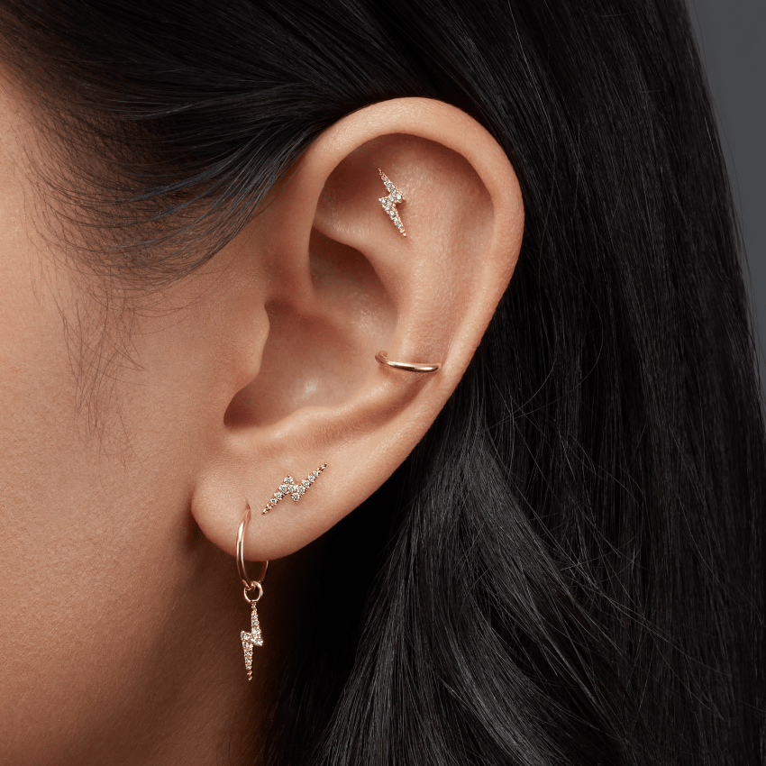 Diamond Lightning Bolt Threaded Stud Earring With Titanium Backing