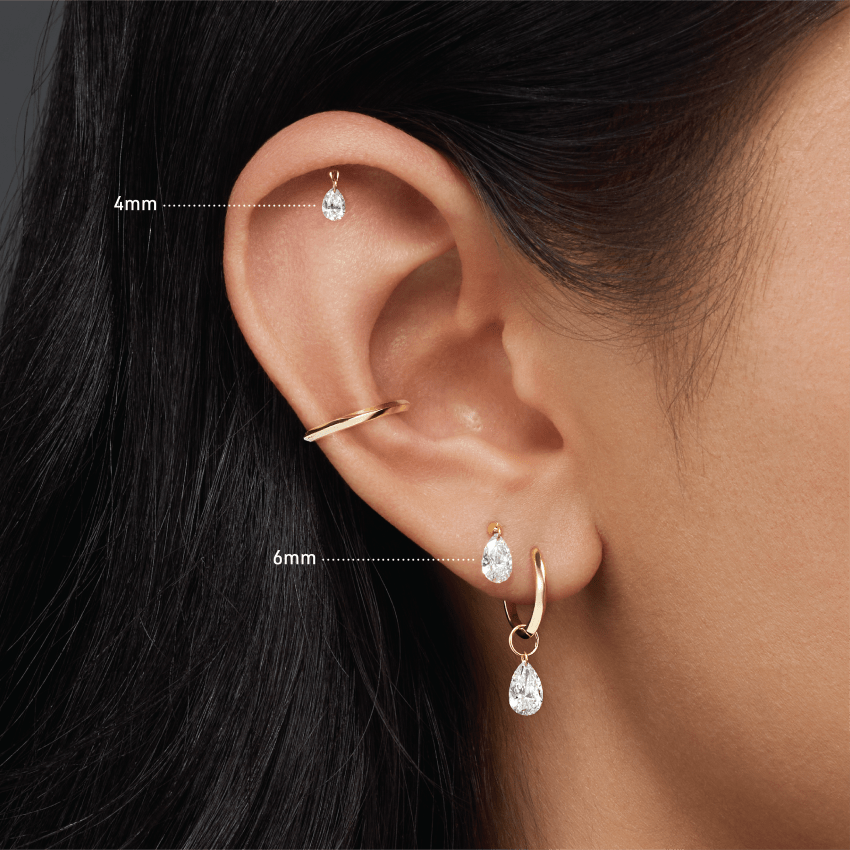 Floating Pear Diamond Charm Threaded Stud Earring With Titanium Backing