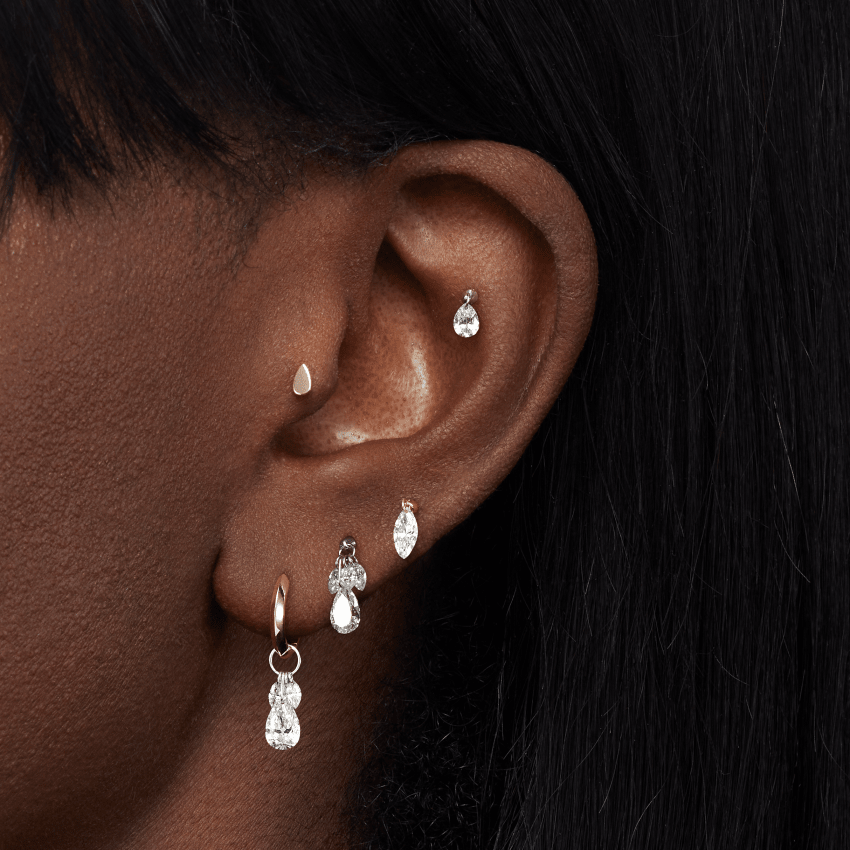 Floating Pear Diamond Charm Threaded Stud Earring