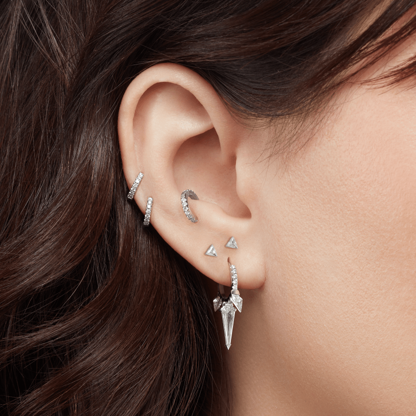 Silhouette Diamond Triple Long Spike Eternity Hoop Earring