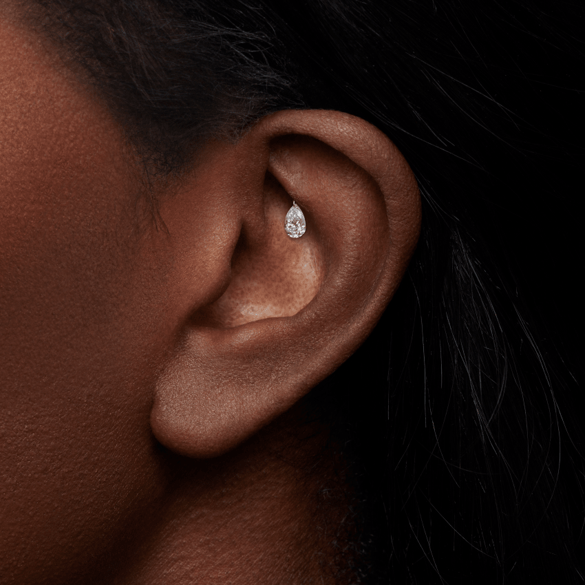 Floating Pear Diamond Charm Threaded Stud Earring With Titanium Backing