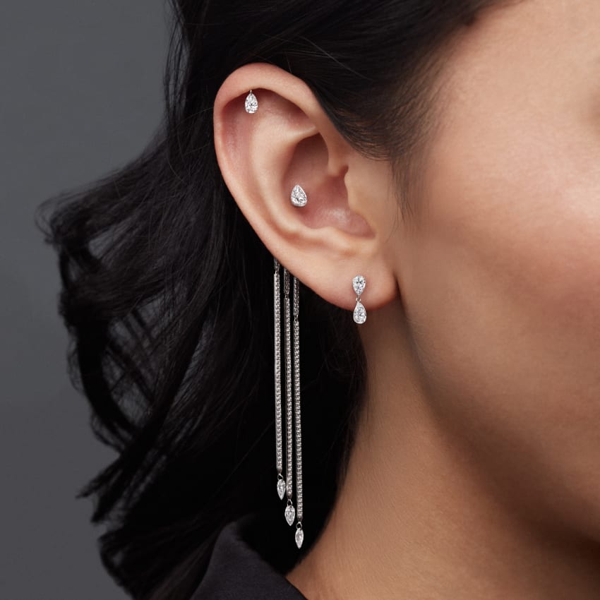 Invisible Set Diamond Pear Dangle Threaded Stud Earring With Titanium Backing