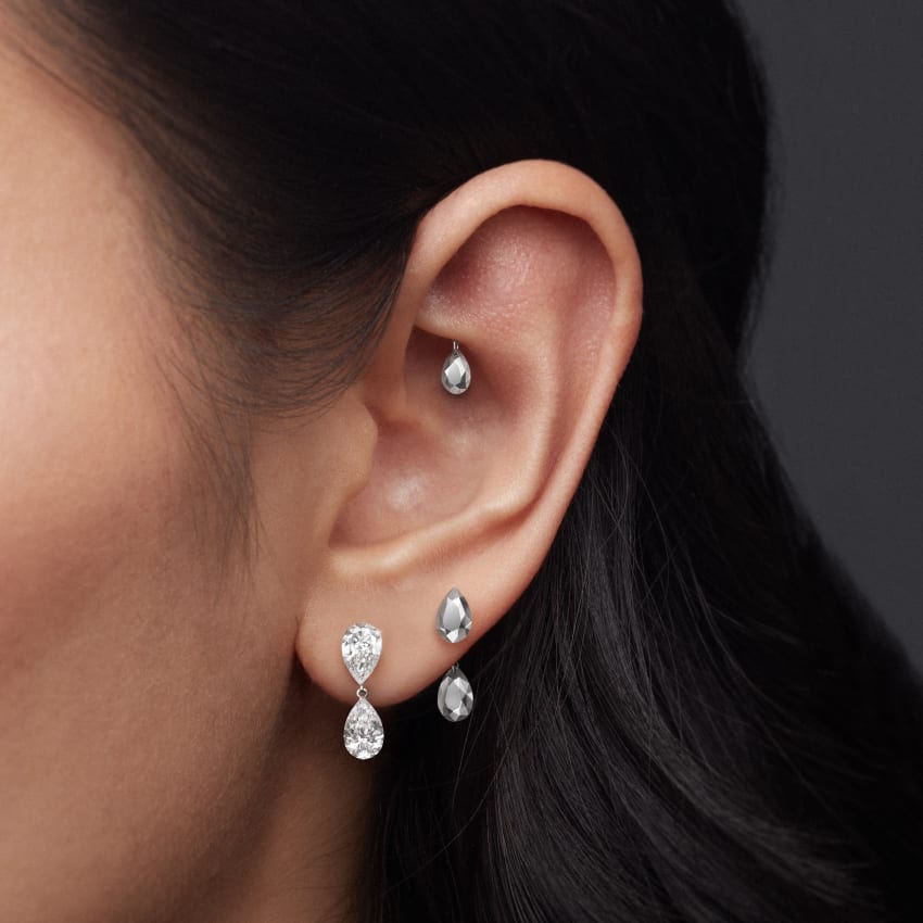 Invisible Set Diamond Pear Dangle Threaded Stud Earring With Titanium Backing