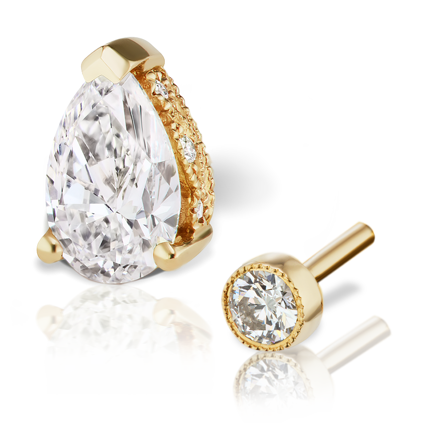 Pear Diamond Threaded Stud Earring With Titanium Backing