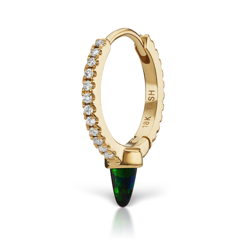 Single Short Black Opal Spike Diamond Eternity Hoop Earring