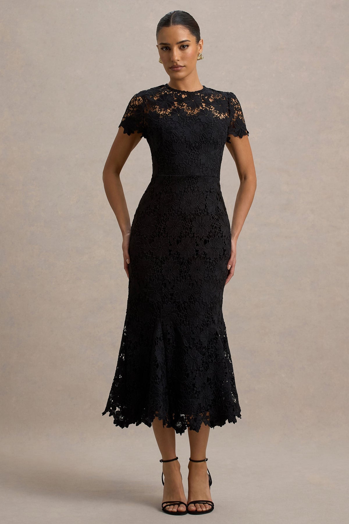 Clarissa | Black Lace High Neck Short Sleeve Midi Dress