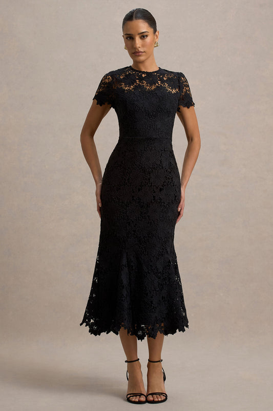 Clarissa | Black Lace High Neck Short Sleeve Midi Dress