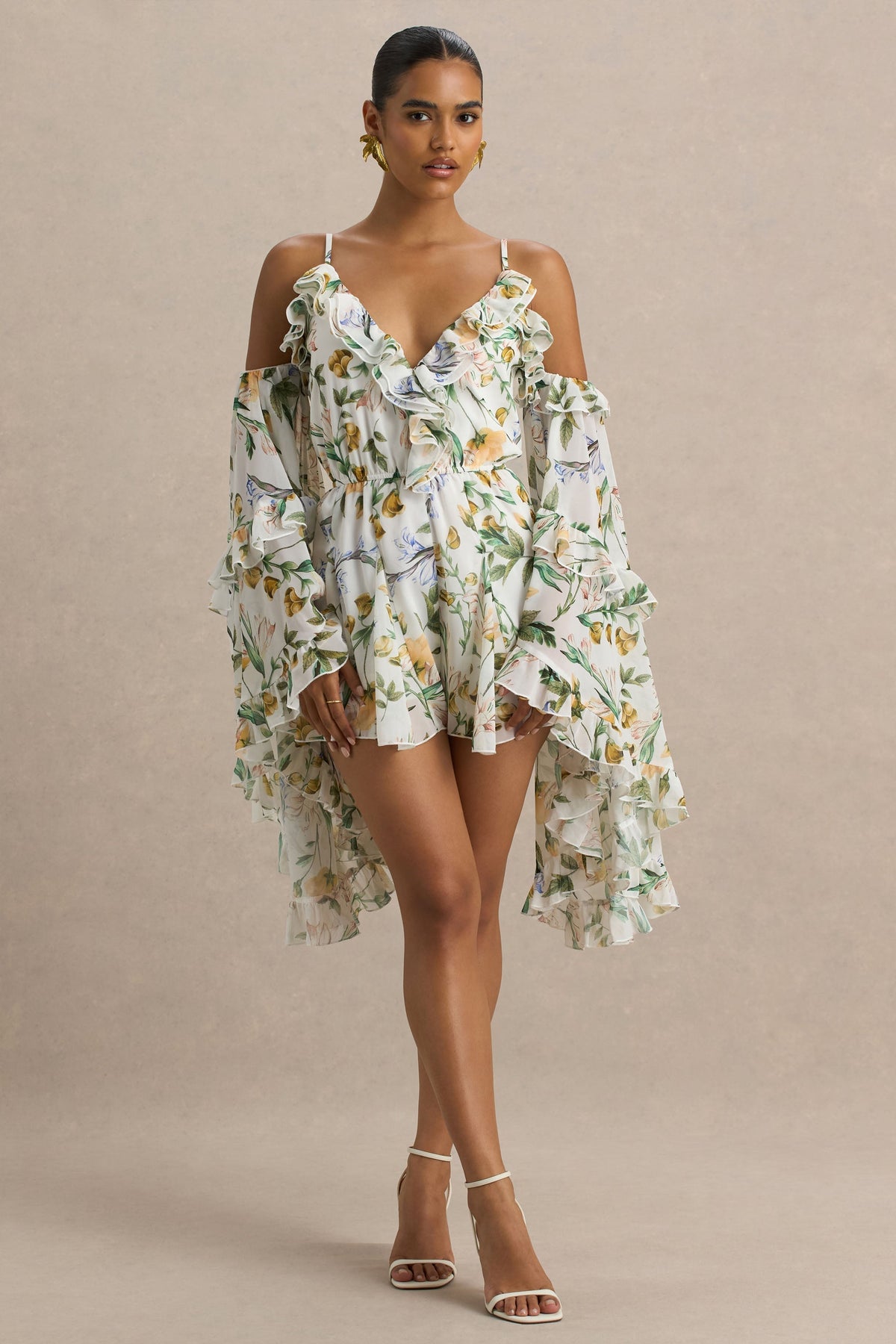 Anaya | Lemon Floral Print Chiffon Romper With Long Sleeves