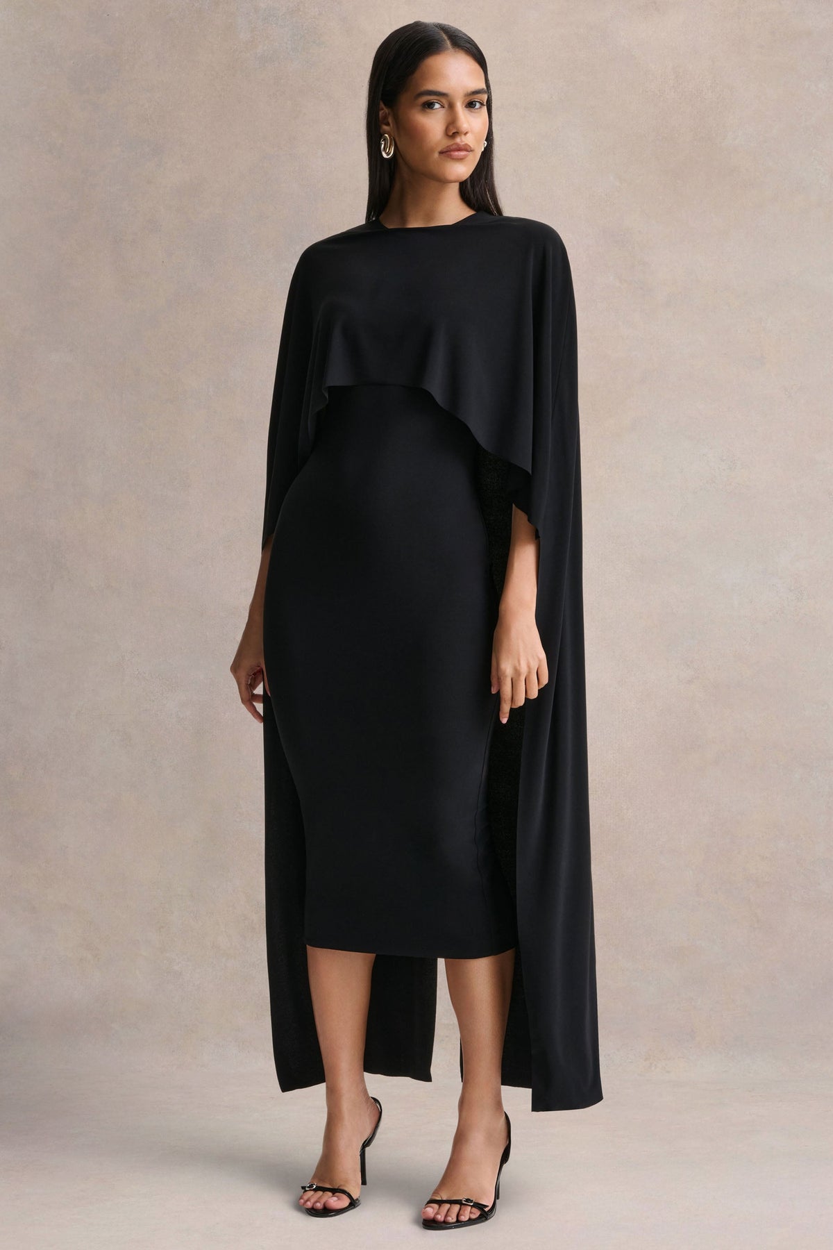 Kalani | Black Crew-Neck Midi Dress With Cape-Sleeves