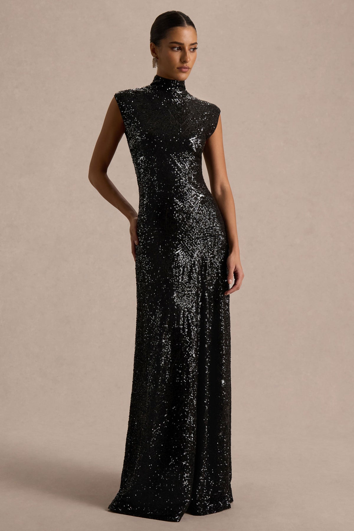 Cecy | Black Sequin High Neck Short Sleeve Maxi Dress