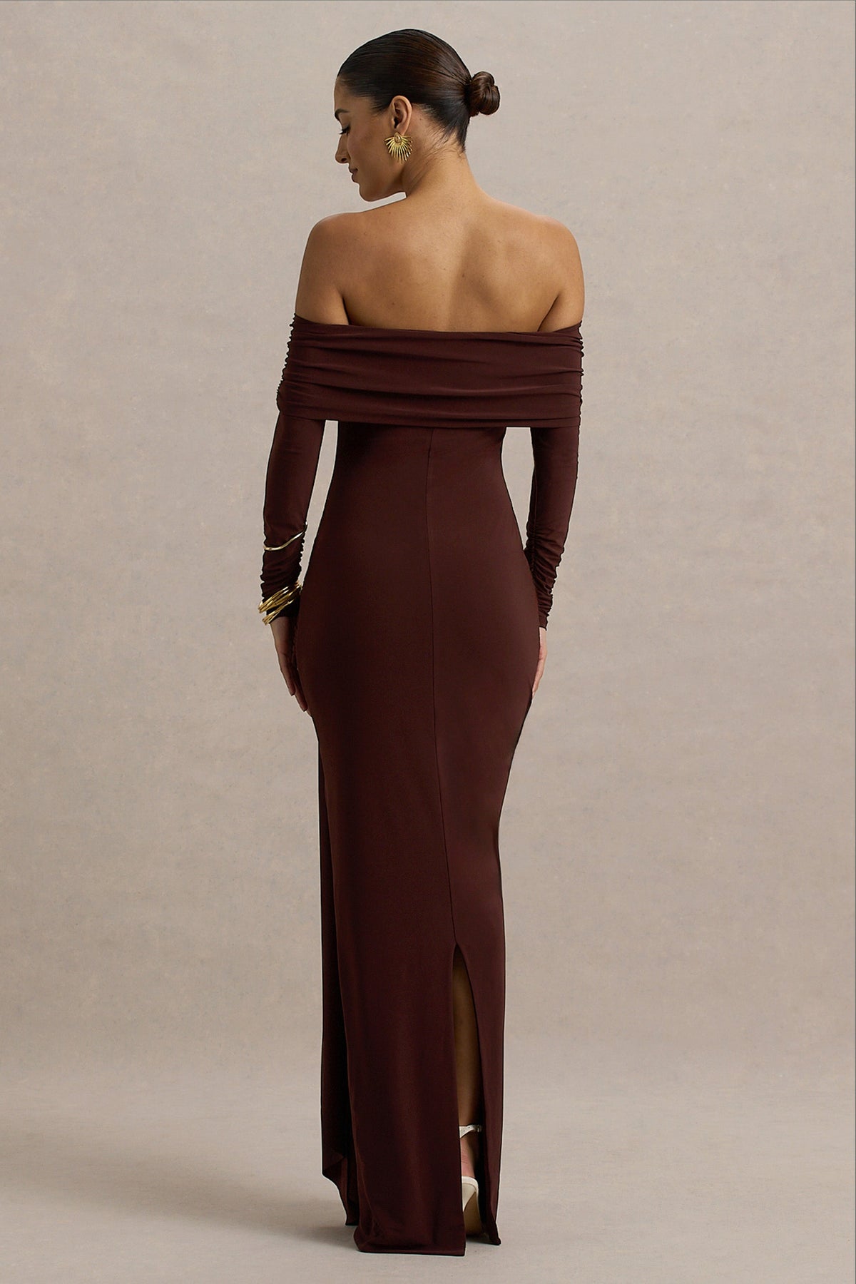 Jovie | Brown Jersey Ruched Bardot Long Sleeve Wrap Maxi Dress With Sashes and Back Split