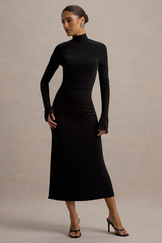 Cassandra | Black High-Neck Long-Sleeve Midi Dress