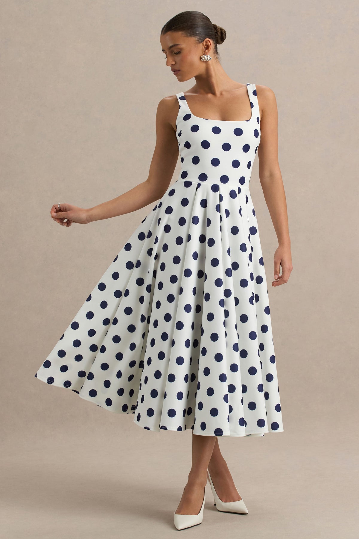 Berta | White And Navy Polka Dot Print Scuba Square Neck A-Line Midi Dress