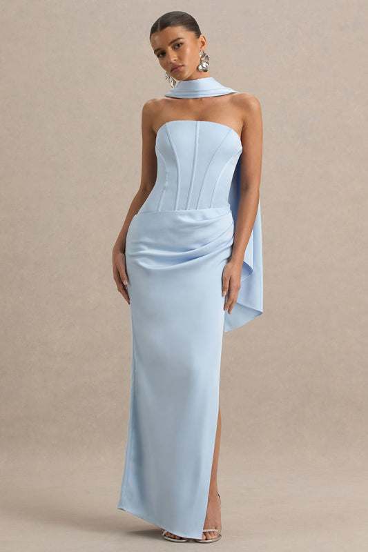 Joseline | Powder Blue Satin Corset Wrap Maxi Dress With Scarf