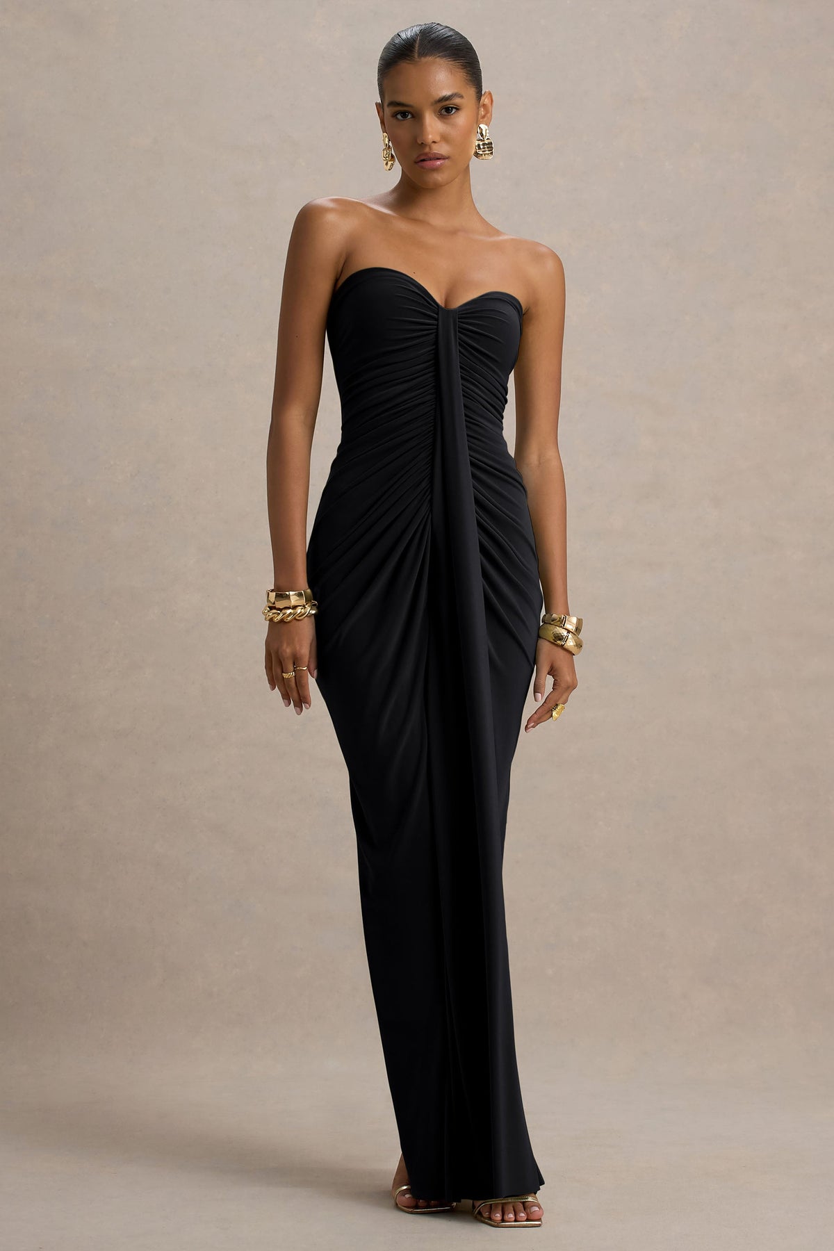 Ali | Black Jersey Sweetheart Maxi Dress With Gathered Detailing And Sash
