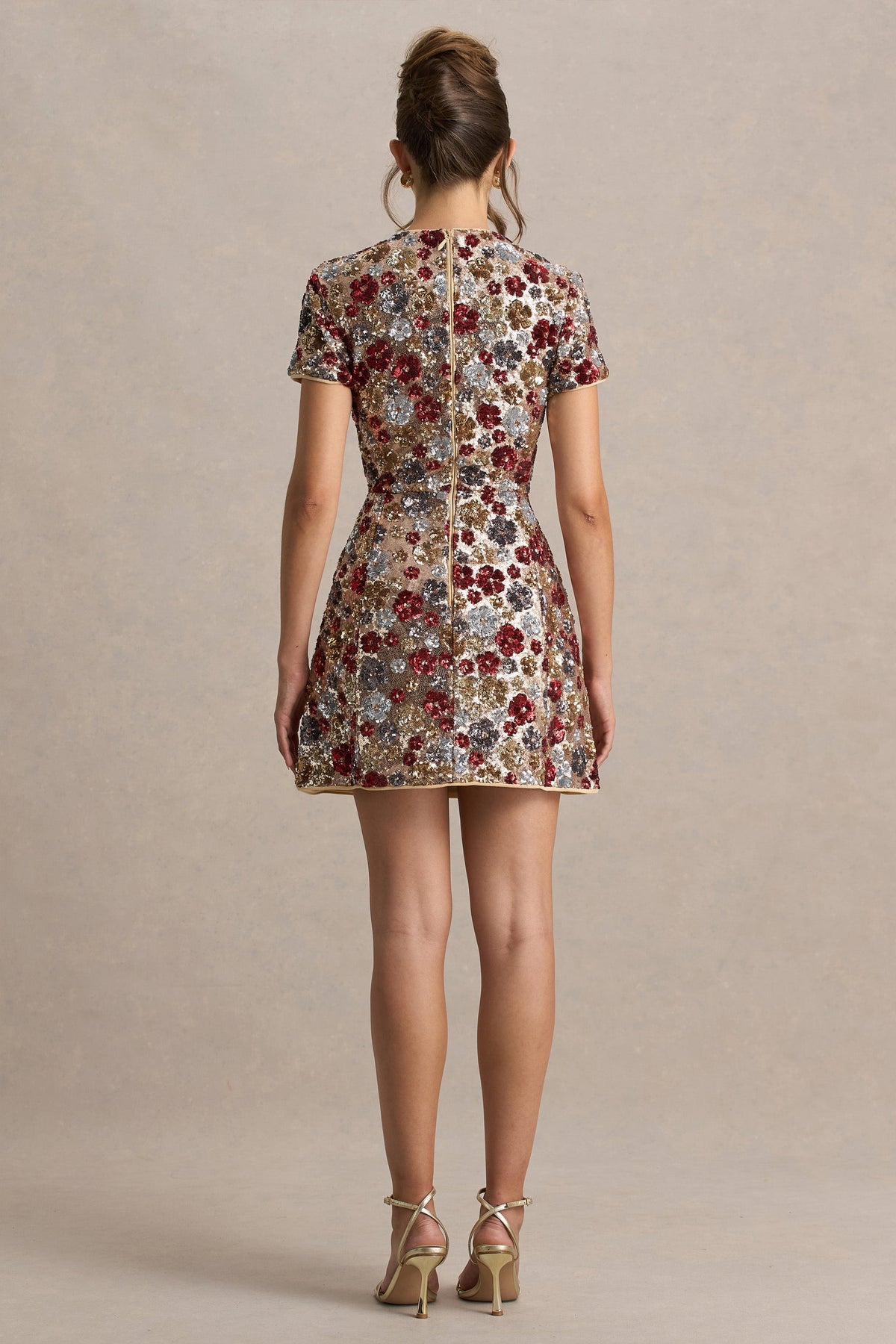 Eira | Red Floral Sequin Round Neck Short Sleeve A-Line Mini Dress