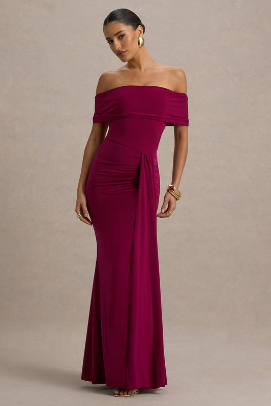 Delma | Burgundy Bardot Maxi Dress With Drape Detail