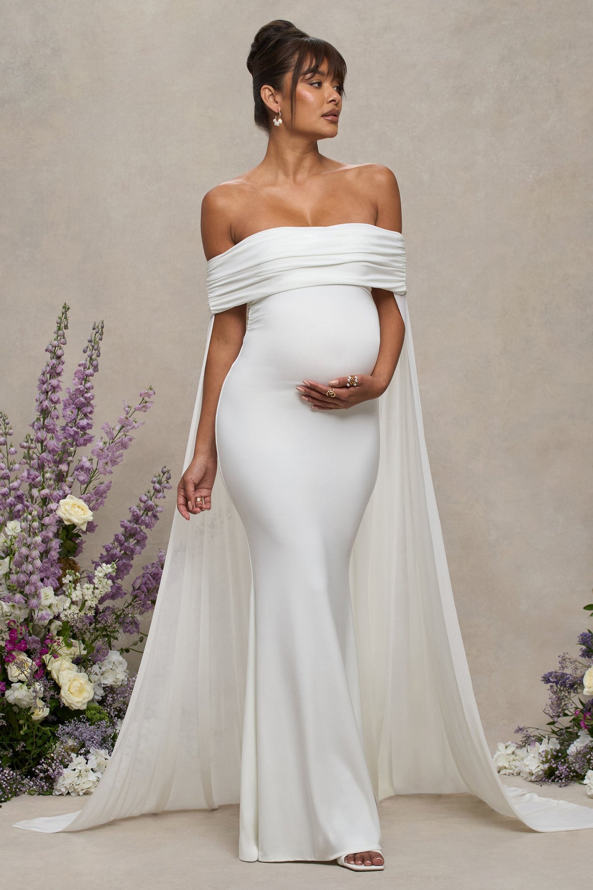 Carlotta | White Bardot Maternity Maxi Dress With Mesh Cape