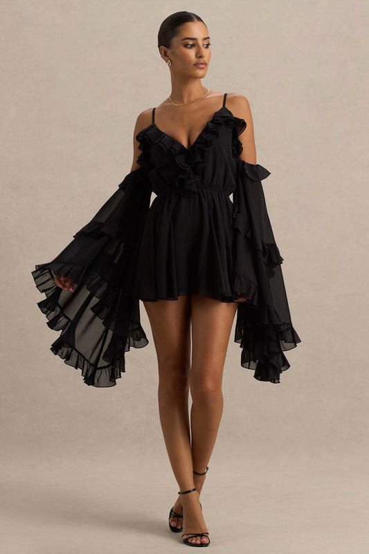Anaya | Black Chiffon Romper With Long Sleeves