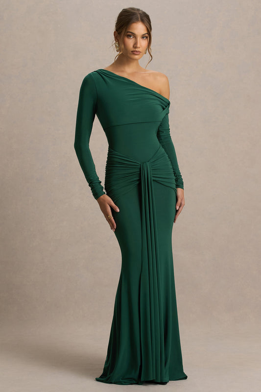 Clover | Dark Green Asymmetric-Neck Wrapped Maxi Dress With Sash