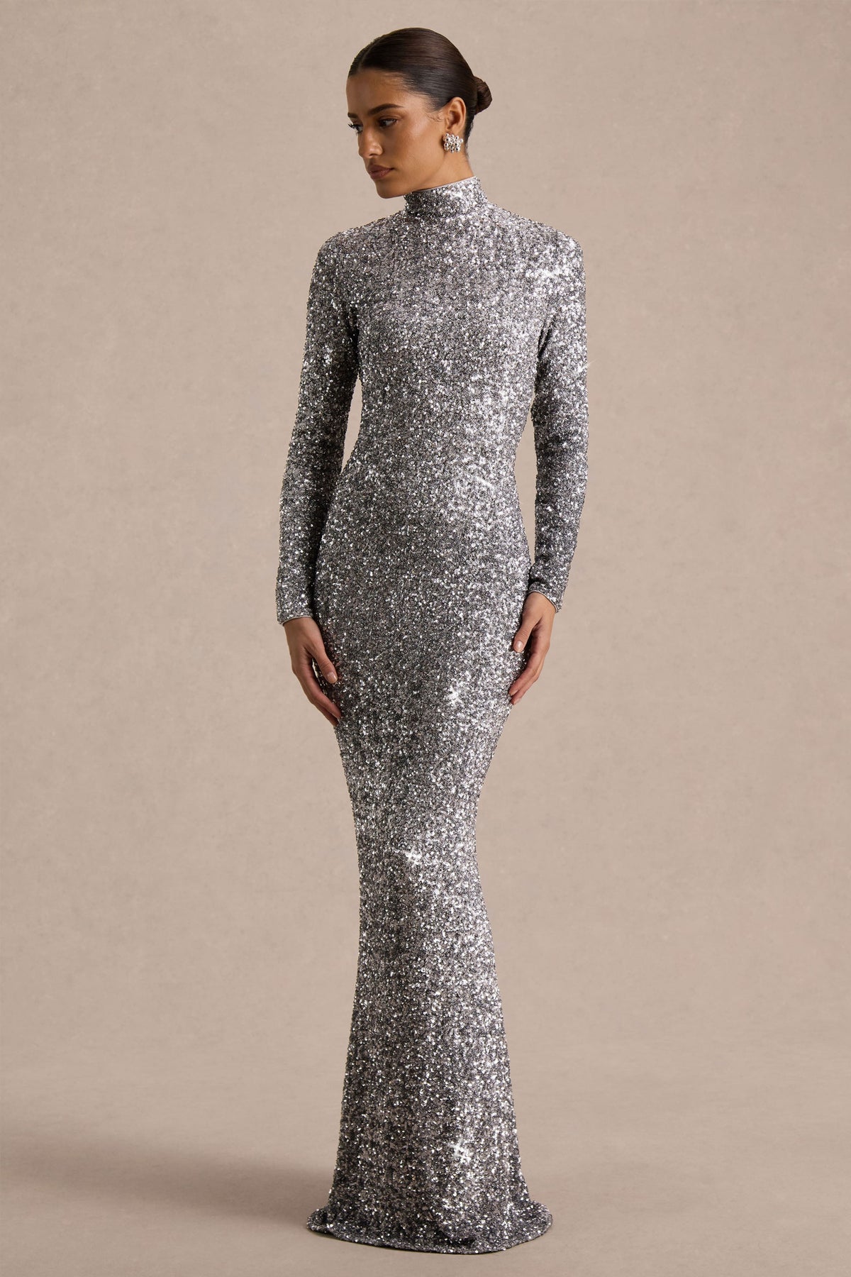 Galaxy | Silver Sequin High Neck Long Sleeve Maxi Dress