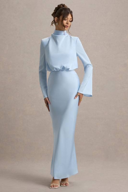 Celina | Powder Blue Satin High-Neck Maxi Dress
