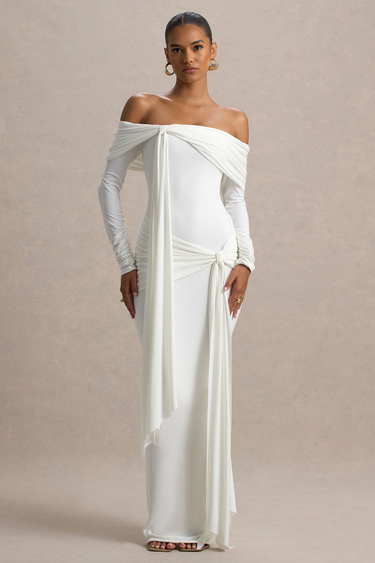 Jovie | White Jersey Ruched Bardot Long Sleeve Wrap Maxi Dress With Sashes and Back Split